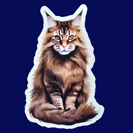 Brown Maine Coon Cat Sticker, Longhaired Cat Decal, Water-resistant Vinyl Sticker, Cat Lover Gift, Realistic Pet Art for Laptop or Bottle - Designs by Mysh