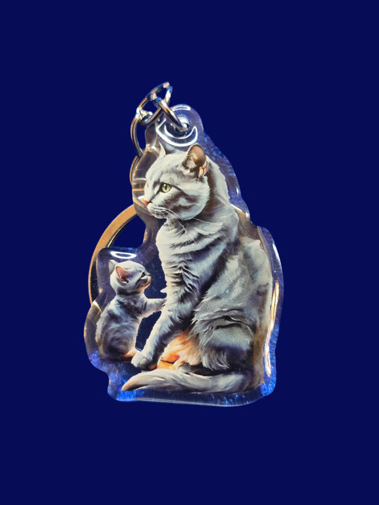 A collection of acrylic cat keychains in various colors, each featuring an image of a cat with a glossy finish, displayed on a blue textured surface.