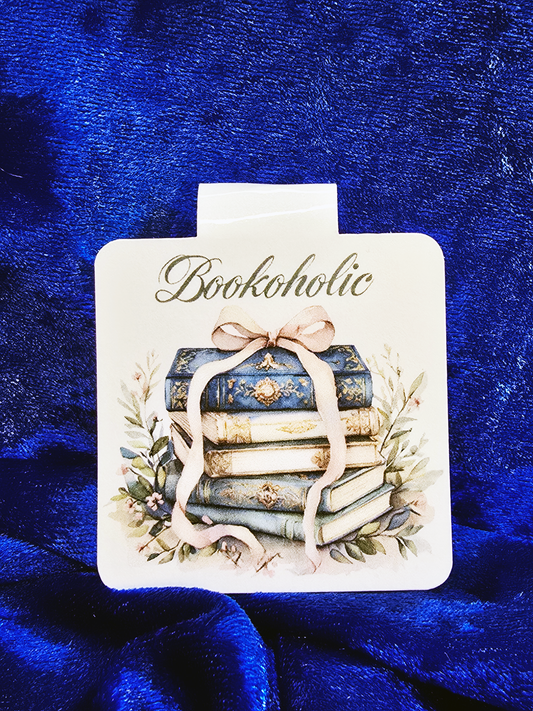 Bookoholic Bookmark, Vintage Book Stack Design, Aesthetic Book Lover Gift, Glossy Finish