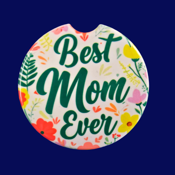 Best Mom Ever floral ceramic car coaster set of 2 in cup holder – Designs by Mysh