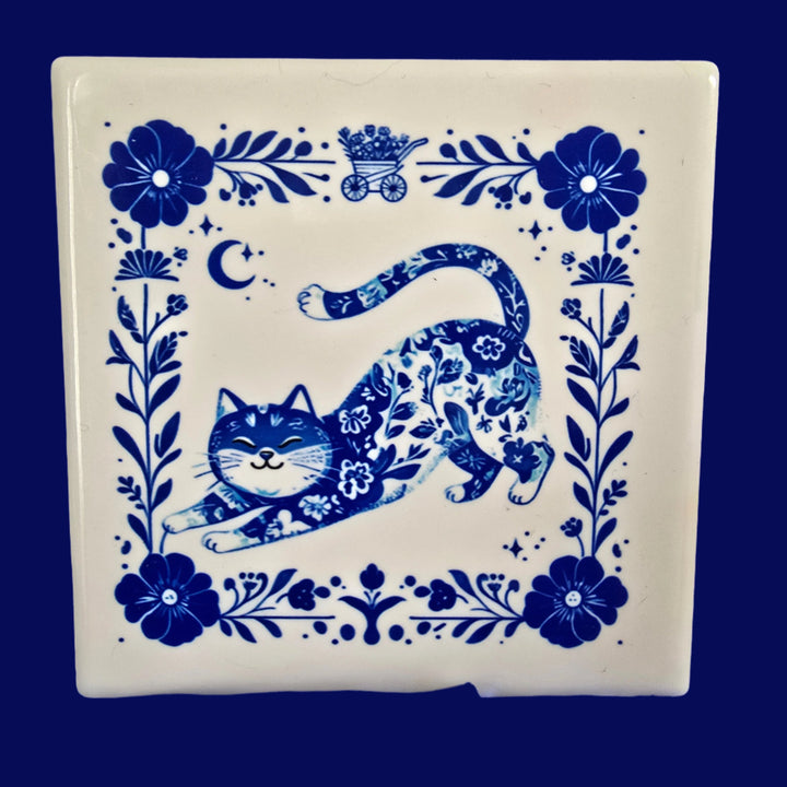 Blue Folk Art Cat Coaster - Floral Ceramic Tile Design - Designs by Mysh