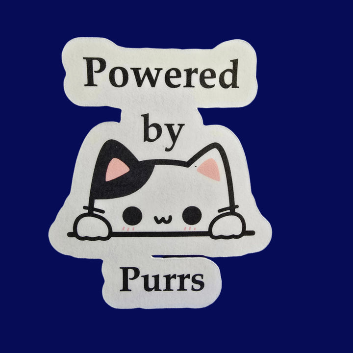 Powered by Purrs Cat Sticker, Cute Vinyl Kitty Decal, Cat Lover Gift, Kawaii Cat Sticker for Laptop, Water Bottle, or Planner - Designs by Mysh