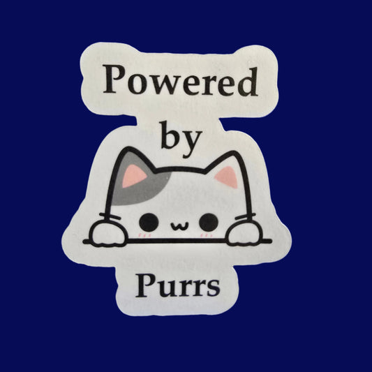 Powered by Purrs Cat Sticker, Cute Vinyl Kitty Decal, Cat Lover Gift, Kawaii Cat Sticker for Laptop, Water Bottle, or Planner - Designs by Mysh