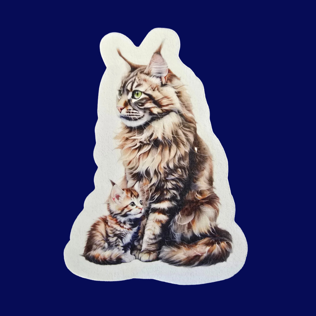 Brown Maine Coon Cat Sticker, Fluffy Mama & Kitten Vinyl Decal, Cat Mom Gift, Laptop or Water Bottle Decor - Designs by Mysh