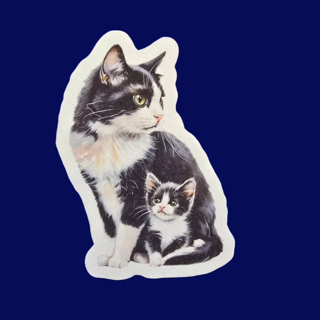 Tuxedo Short Hair Cat Sticker, Mama & Kitten Art, Cute Vinyl Cat Decal, Gift for Cat Moms, Laptop or Journal Decor - Designs by Mysh