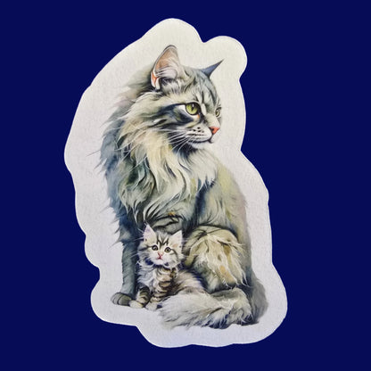 Norwegian Forest Cat Sticker, Fluffy Mama & Kitten Art, Vinyl Cat Decal, Cat Mom Gift, Laptop or Journal Decor