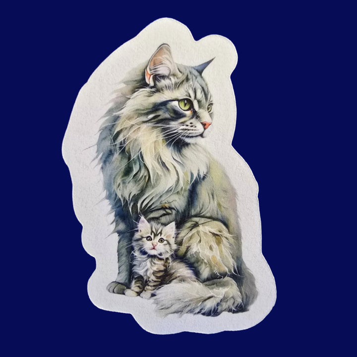 Norwegian Forest Cat Sticker, Fluffy Mama & Kitten Art, Vinyl Cat Decal, Cat Mom Gift, Laptop or Journal Decor - Designs by Mysh