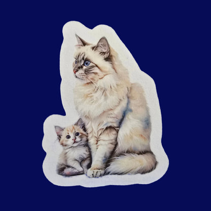 Siberian Cat Sticker, Fluffy Mama & Kitten Art, Waterproof Vinyl Decal, Cat Mom Gift, Laptop or Journal Decor