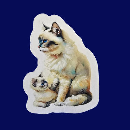 Birman Cat Sticker, Mama & Kitten Watercolor Art, Vinyl Cat Decal, Cute Cat Mom Gift, Laptop or Journal Decor