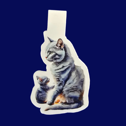Russian Blue Cat and Kitten Magnetic Bookmark, Handmade Page Marker, Cat Mom Gift, Gray Cat Lover Stationery