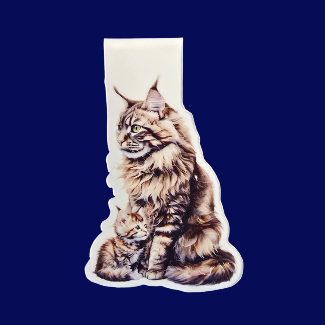 Brown Maine Coon Cat Magnetic Bookmark, Cat Mom & Kitten Bookmark, Fluffy Cat Lover Gift, Handmade Animal Bookmark - Designs by Mysh