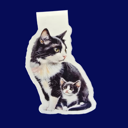 Tuxedo Cat and Kitten Magnetic Bookmark, Cat Mom Page Marker, Handmade Pet Lover Gift, Black & White Cat Bookmark