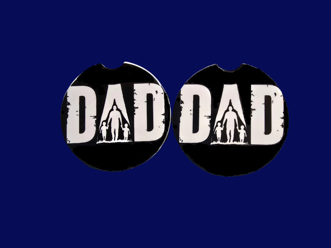 Two black ceramic car coasters with &
