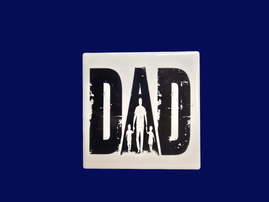 DAD logo on a white ceramic coaster