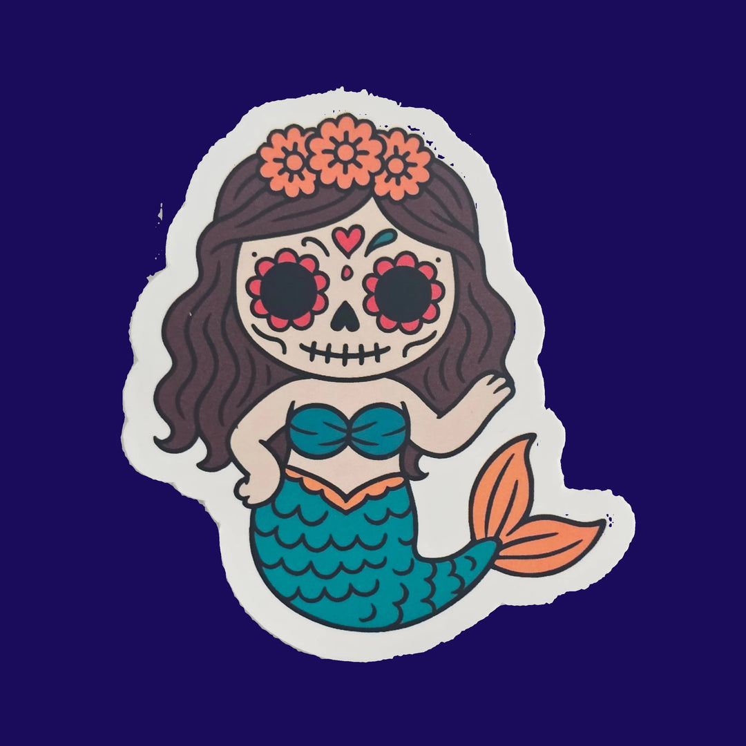 Sugar Skull Mermaid Sticker – Día de los Muertos Kawaii Sticker – 3" Die-Cut, Vinyl, Water-Resistant - Designs by Mysh