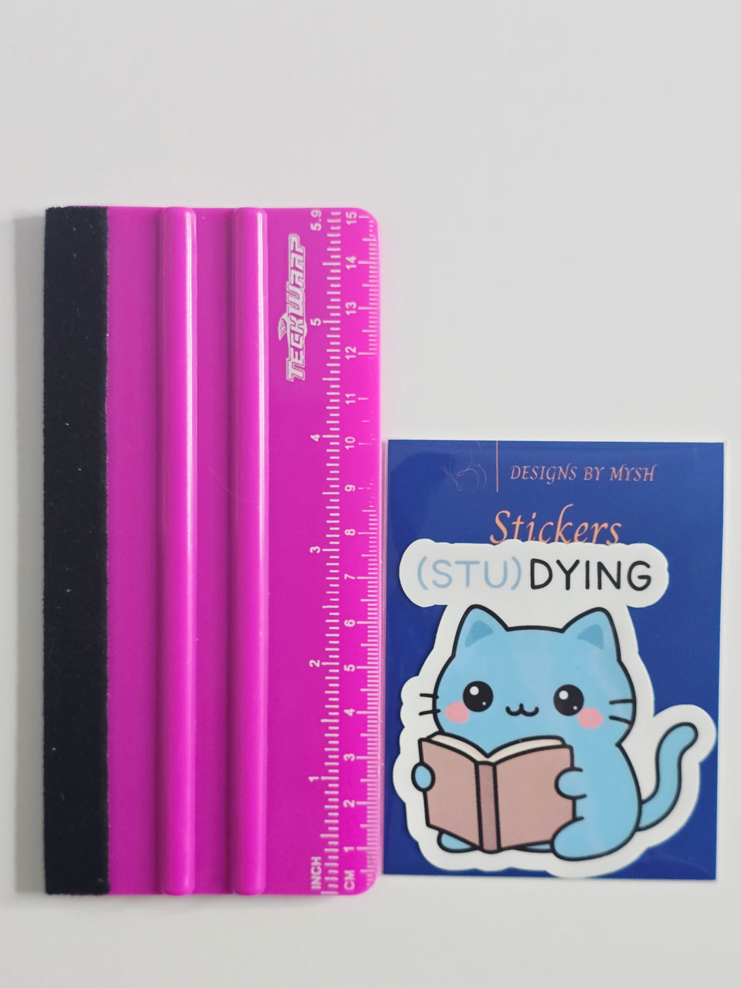 (STU)DYING Blue Cat Sticker – Funny Kawaii Study Cat Vinyl Sticker – 3" Die-Cut, Water-Resistant Student Gift - Designs by Mysh