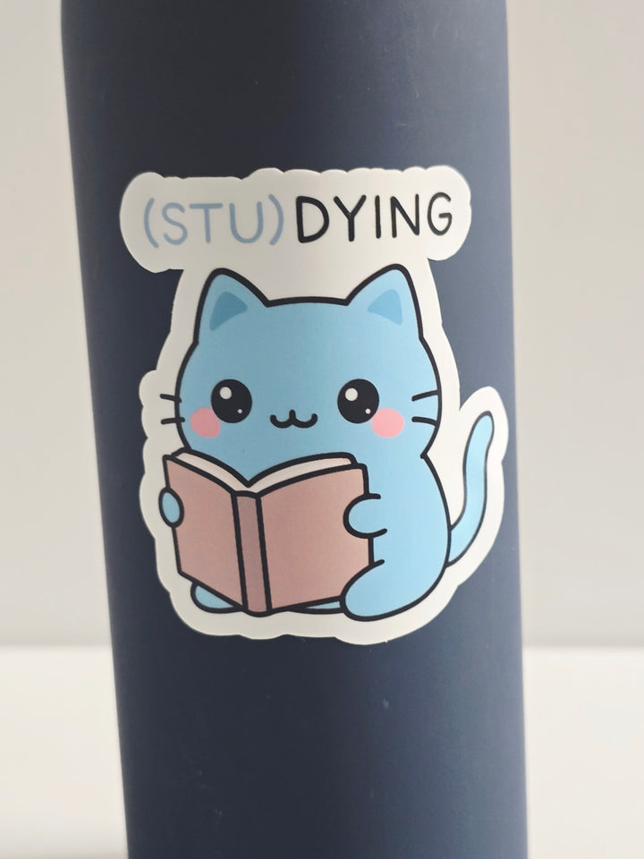 (STU)DYING Blue Cat Sticker – Funny Kawaii Study Cat Vinyl Sticker – 3" Die-Cut, Water-Resistant Student Gift - Designs by Mysh