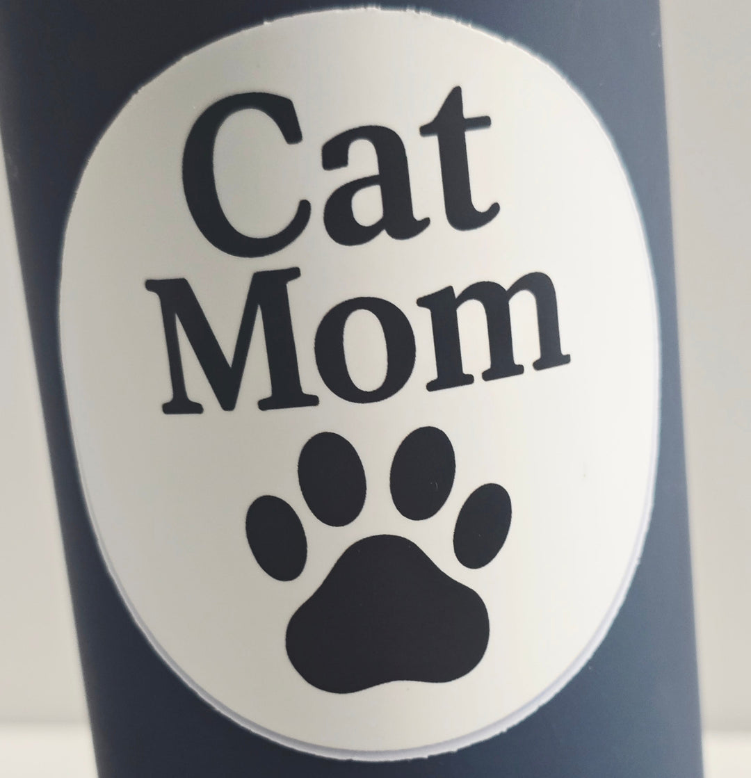 Cat Mom Sticker – Black Paw Print Circle Vinyl Sticker (3") - Designs by Mysh