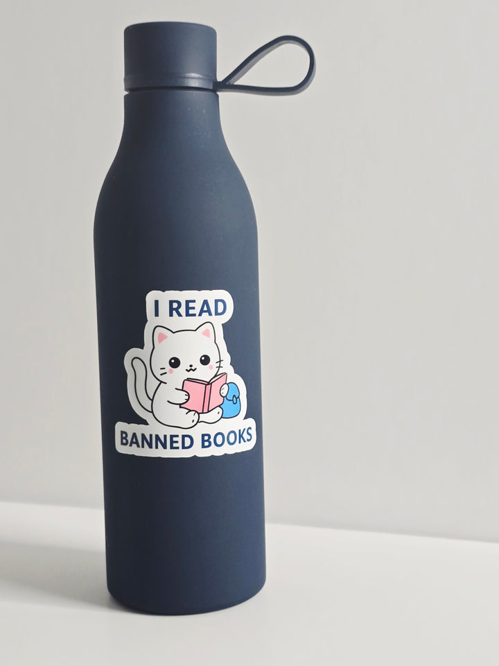 I Read Banned Books Sticker – Cute Cat Reading Vinyl Sticker – 3" Die-Cut, Water-resistant - Designs by Mysh