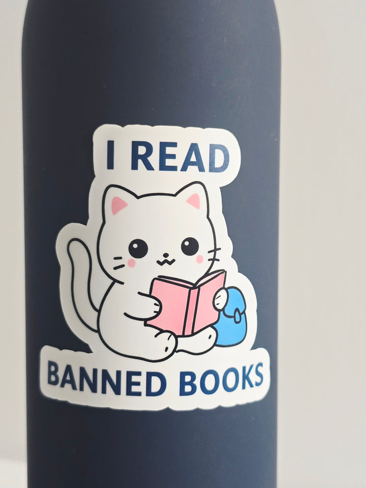 I Read Banned Books Sticker – Cute Cat Reading Vinyl Sticker – 3" Die-Cut, Water-resistant - Designs by Mysh
