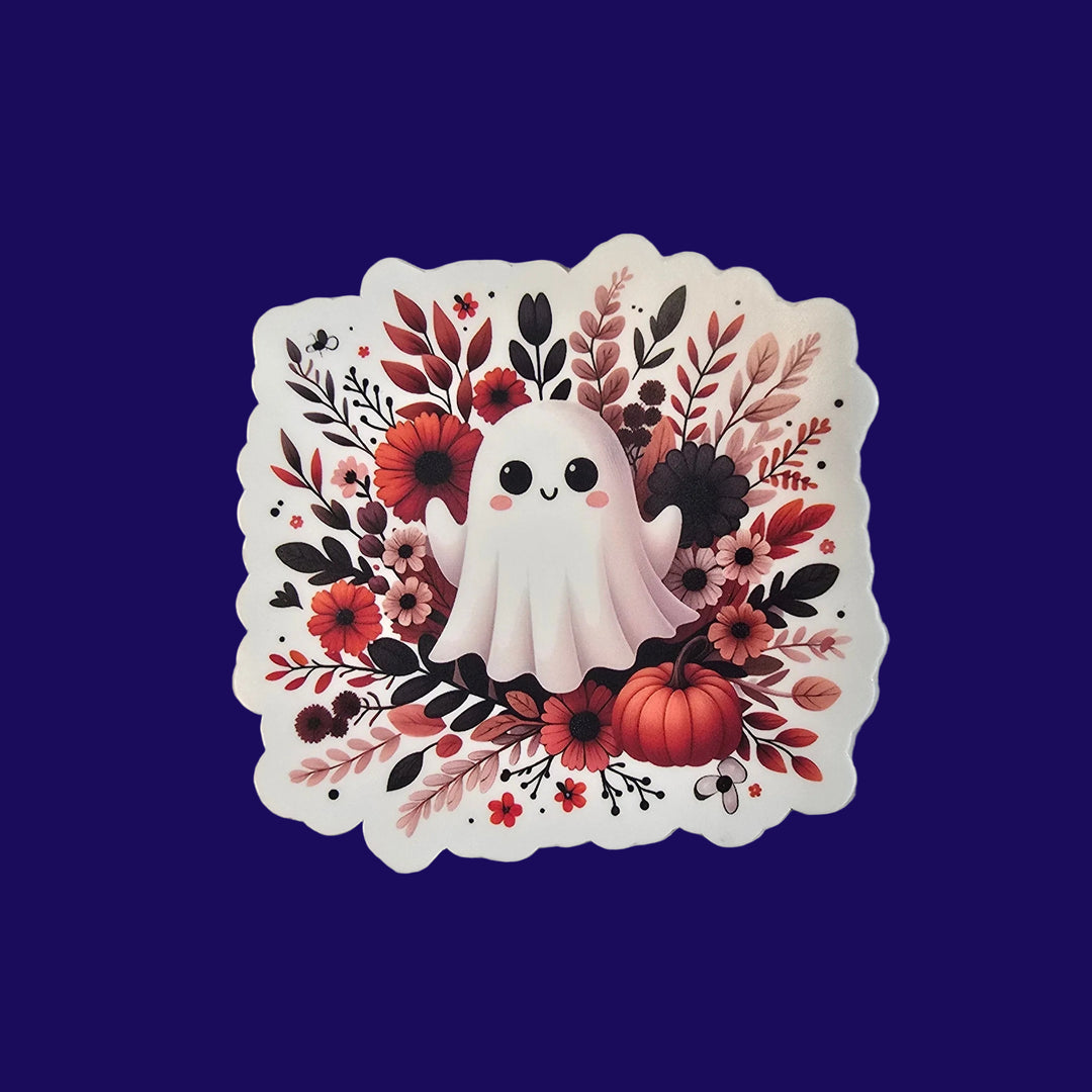 Cute Ghost with Floral Wreath Sticker – Fall Halloween Vinyl Decal (3 inch) | Die-Cut, Water-resistant - Designs by Mysh