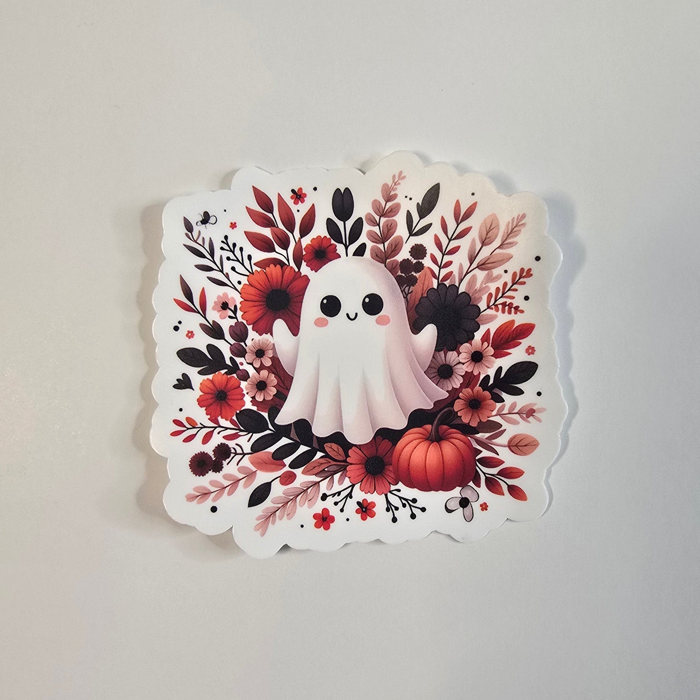 Cute Ghost with Floral Wreath Sticker – Fall Halloween Vinyl Decal (3 inch) | Die-Cut, Water-resistant