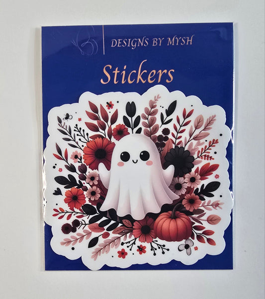Cute ghost sticker surrounded by red and pink fall flowers and pumpkins, die-cut and printed on glossy vinyl.