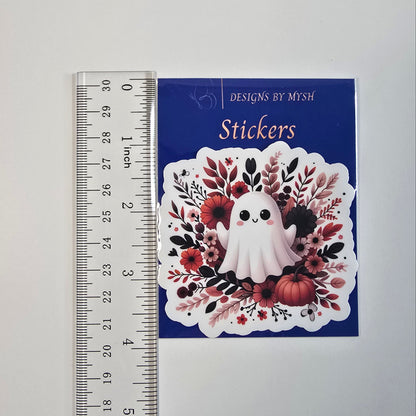 Cute Ghost with Floral Wreath Sticker – Fall Halloween Vinyl Decal (3 inch) | Die-Cut, Water-resistant