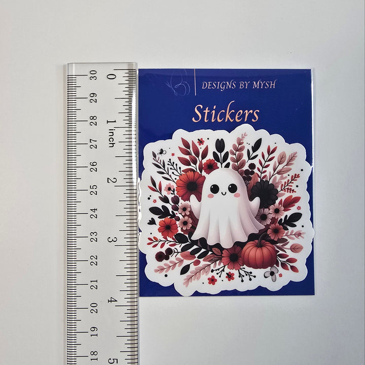 Cute Ghost with Floral Wreath Sticker – Fall Halloween Vinyl Decal (3 inch) | Die-Cut, Water-resistant - Designs by Mysh