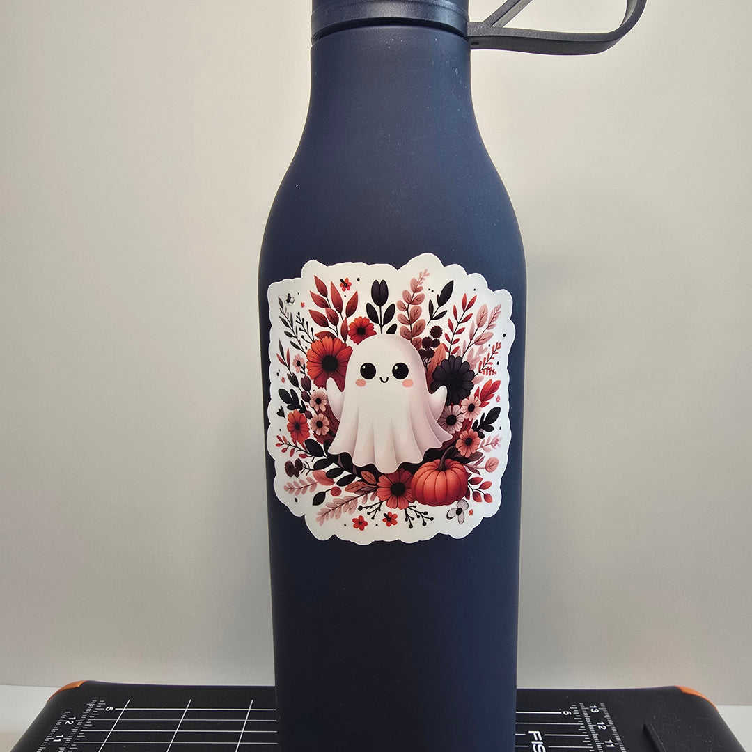 Cute Ghost with Floral Wreath Sticker – Fall Halloween Vinyl Decal (3 inch) | Die-Cut, Water-resistant - Designs by Mysh