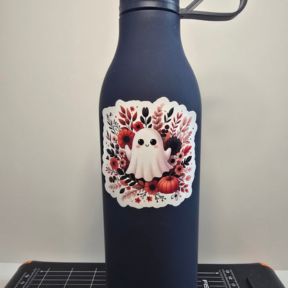 Cute Ghost with Floral Wreath Sticker – Fall Halloween Vinyl Decal (3 inch) | Die-Cut, Water-resistant