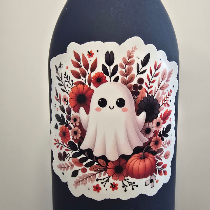Cute Ghost with Floral Wreath Sticker – Fall Halloween Vinyl Decal (3 inch) | Die-Cut, Water-resistant - Designs by Mysh