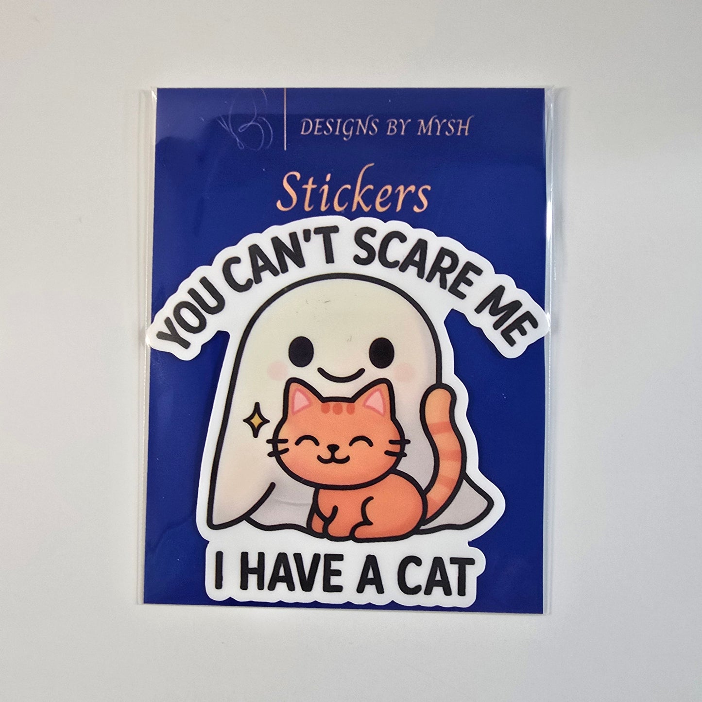 Funny Cat Halloween Sticker, You Can’t Scare Me Ghost Decal, Kawaii Cat Lover Vinyl Sticker, Cute Fall Sticker for Planners - Designs by Mysh