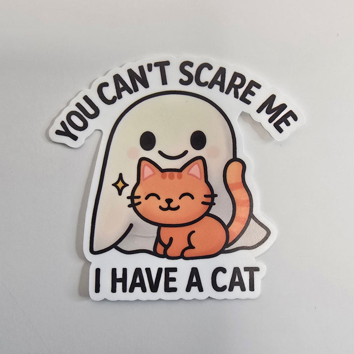 Funny Cat Halloween Sticker, You Can’t Scare Me Ghost Decal, Kawaii Cat Lover Vinyl Sticker, Cute Fall Sticker for Planners - Designs by Mysh
