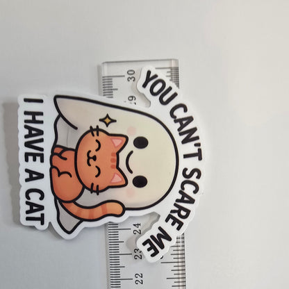 Funny Cat Halloween Sticker, You Can’t Scare Me Ghost Decal, Kawaii Cat Lover Vinyl Sticker, Cute Fall Sticker for Planners - Designs by Mysh