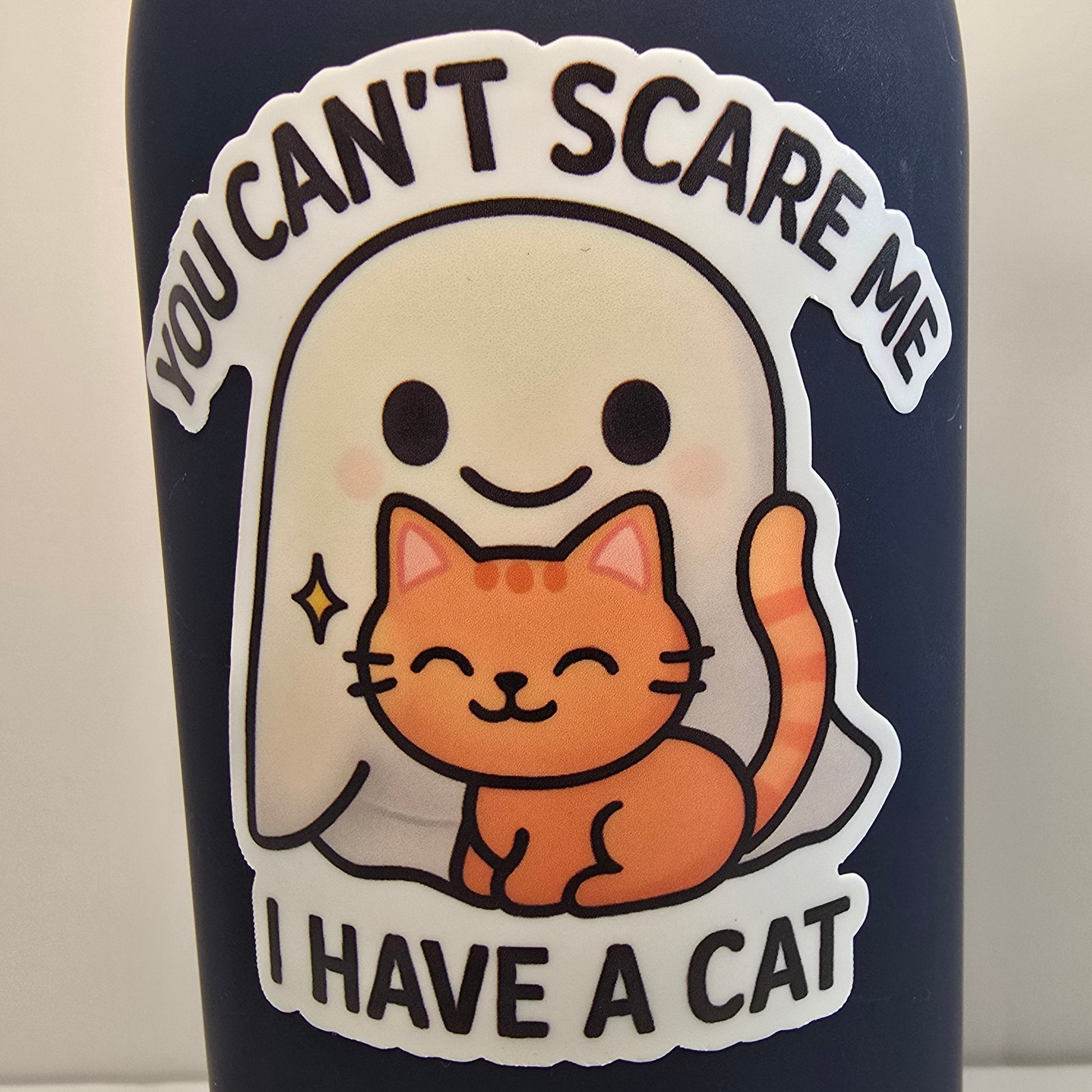 Funny Cat Halloween Sticker, You Can’t Scare Me Ghost Decal, Kawaii Cat Lover Vinyl Sticker, Cute Fall Sticker for Planners - Designs by Mysh
