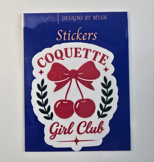 Coquette Girl Club sticker with red bow and cherries, surrounded by black laurel leaves on a white die-cut background.