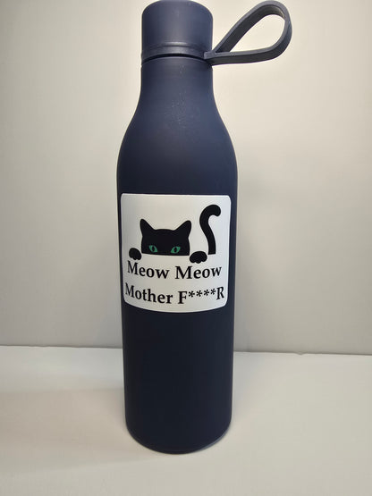 Black water bottle with a humorous label on a white background