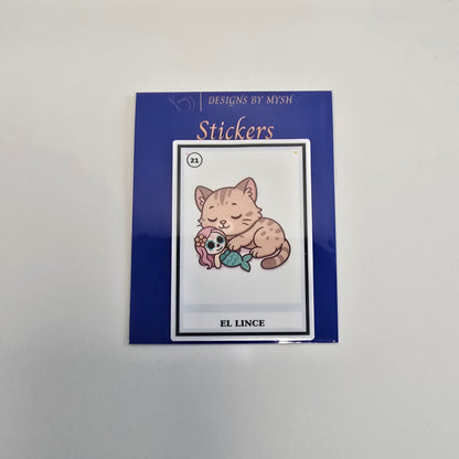 Vinyl sticker depicting a cute lynx cat with yarn and sugar skull in a Lotería card style labeled “El Lince.”