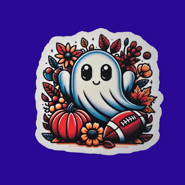 Football Fall Ghost Sticker – Cute Halloween Vinyl Die-Cut | 3" Autumn Ghost with Pumpkins &amp; Football - Designs by Mysh