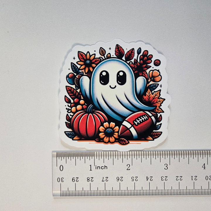 Football Fall Ghost Sticker – Cute Halloween Vinyl Die-Cut | 3" Autumn Ghost with Pumpkins &amp; Football - Designs by Mysh