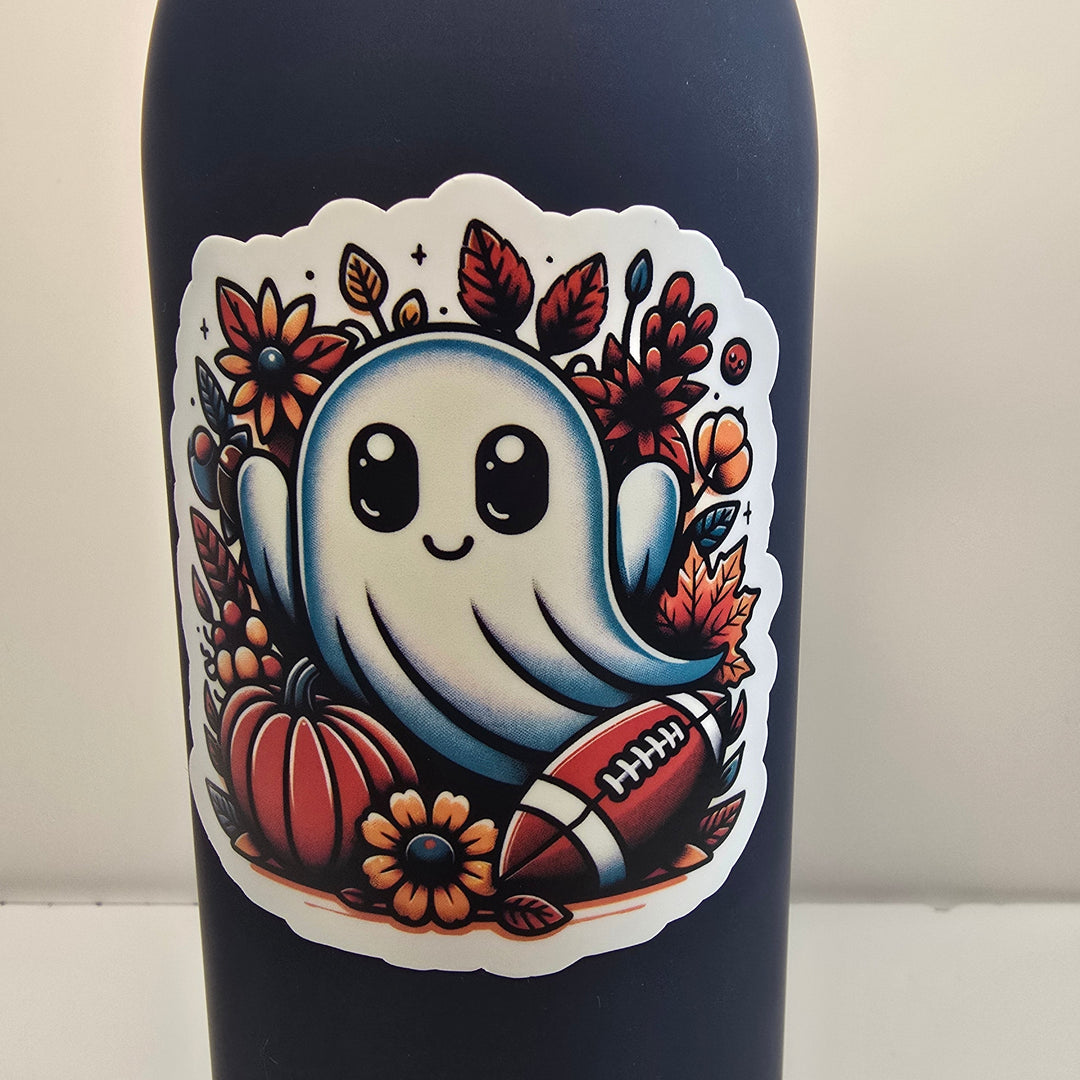Football Fall Ghost Sticker – Cute Halloween Vinyl Die-Cut | 3" Autumn Ghost with Pumpkins &amp; Football - Designs by Mysh