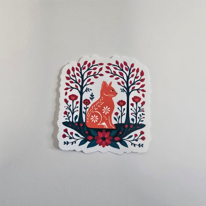 Folk Art Fox Sticker – Scandinavian Woodland Vinyl Sticker | 3" Die-Cut Nature Design