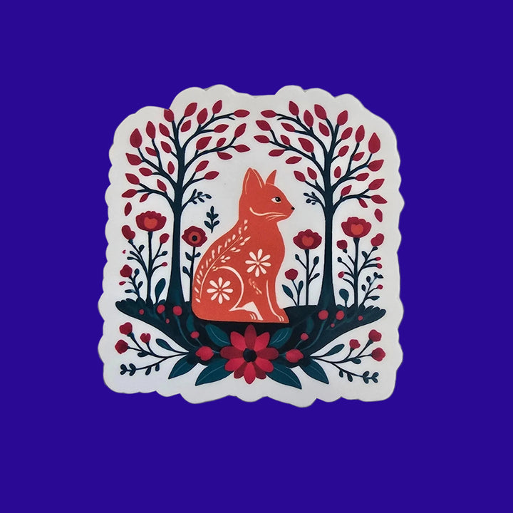 Folk Art Fox Sticker – Scandinavian Woodland Vinyl Sticker | 3" Die-Cut Nature Design - Designs by Mysh