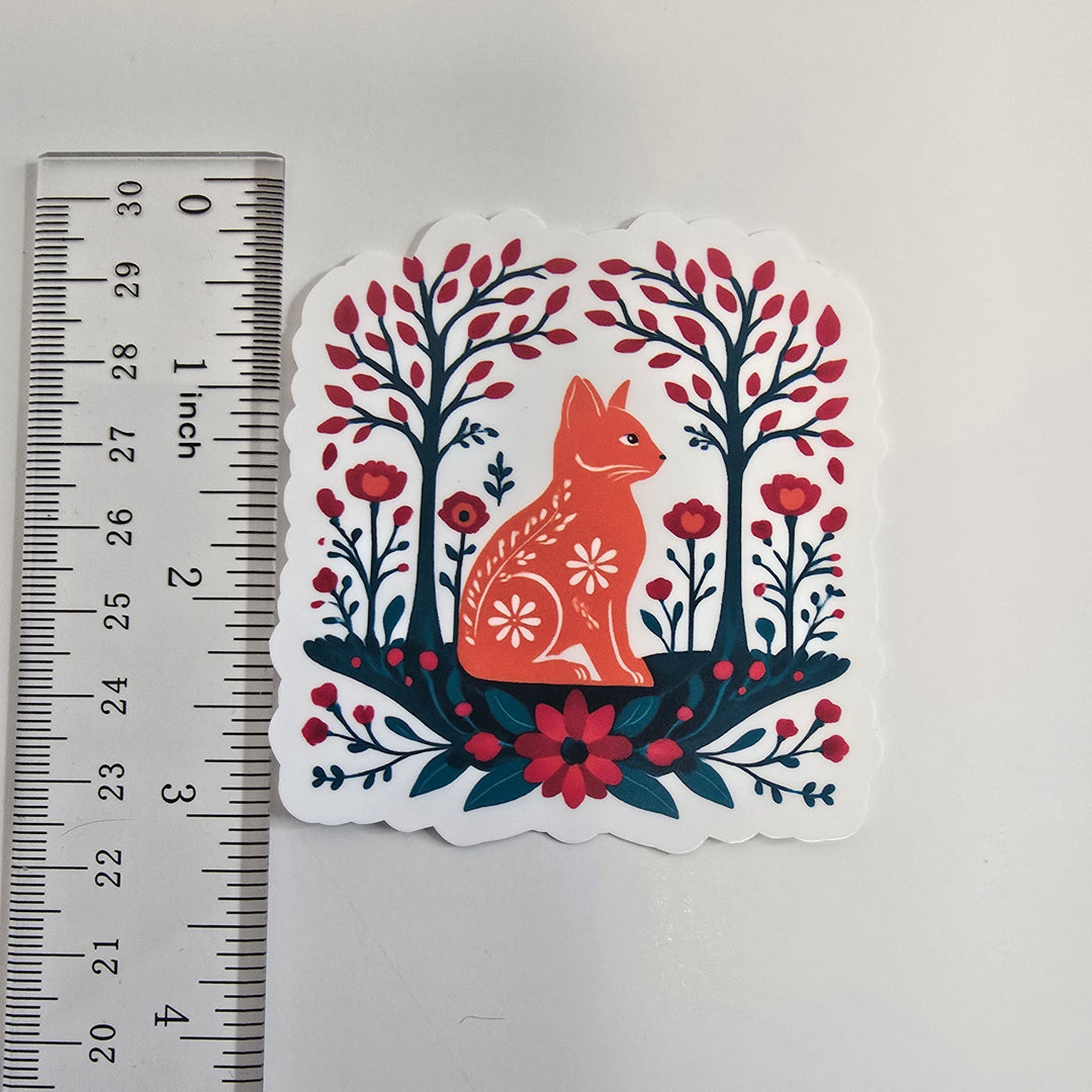 Folk Art Fox Sticker – Scandinavian Woodland Vinyl Sticker | 3" Die-Cut Nature Design - Designs by Mysh