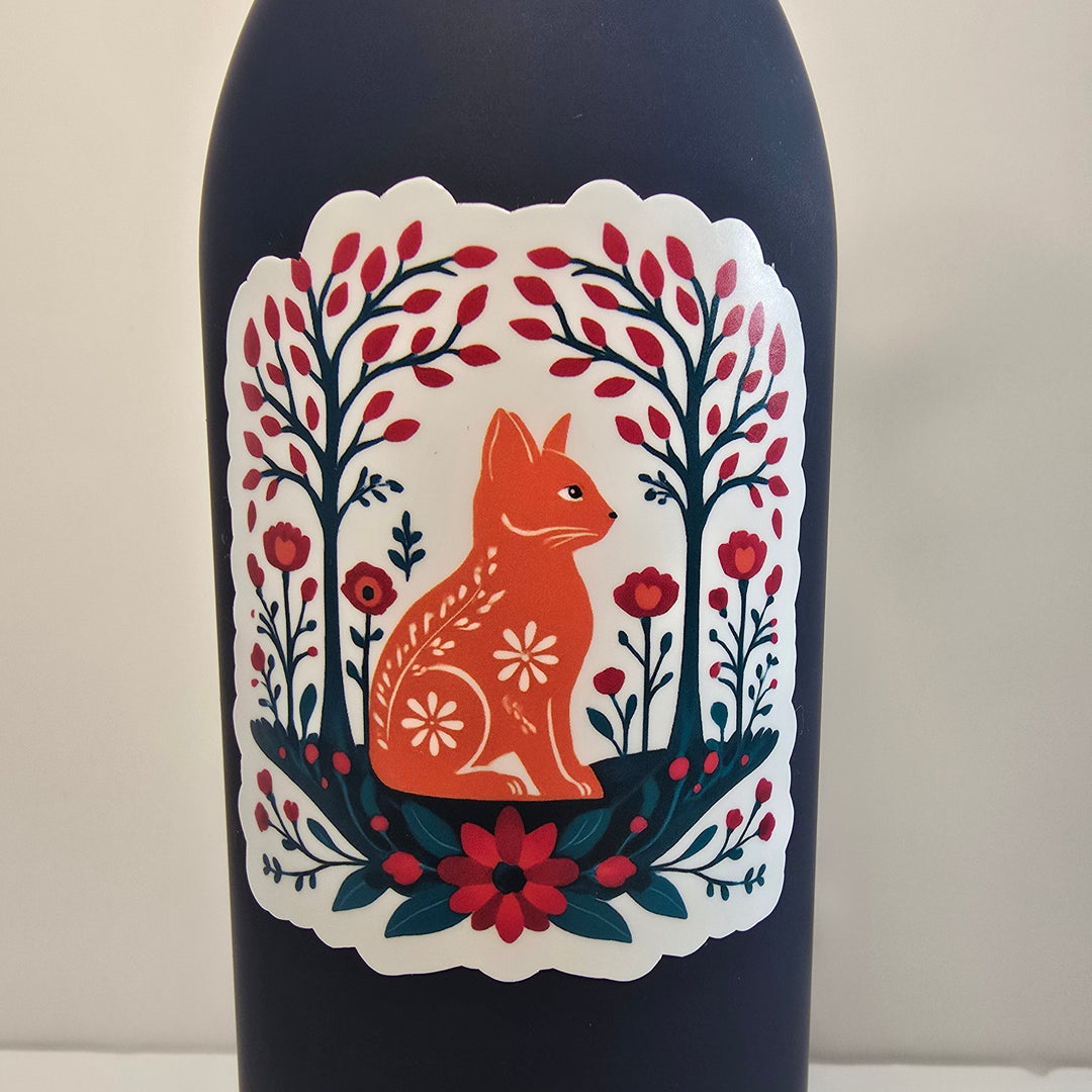 Folk Art Fox Sticker – Scandinavian Woodland Vinyl Sticker | 3" Die-Cut Nature Design - Designs by Mysh