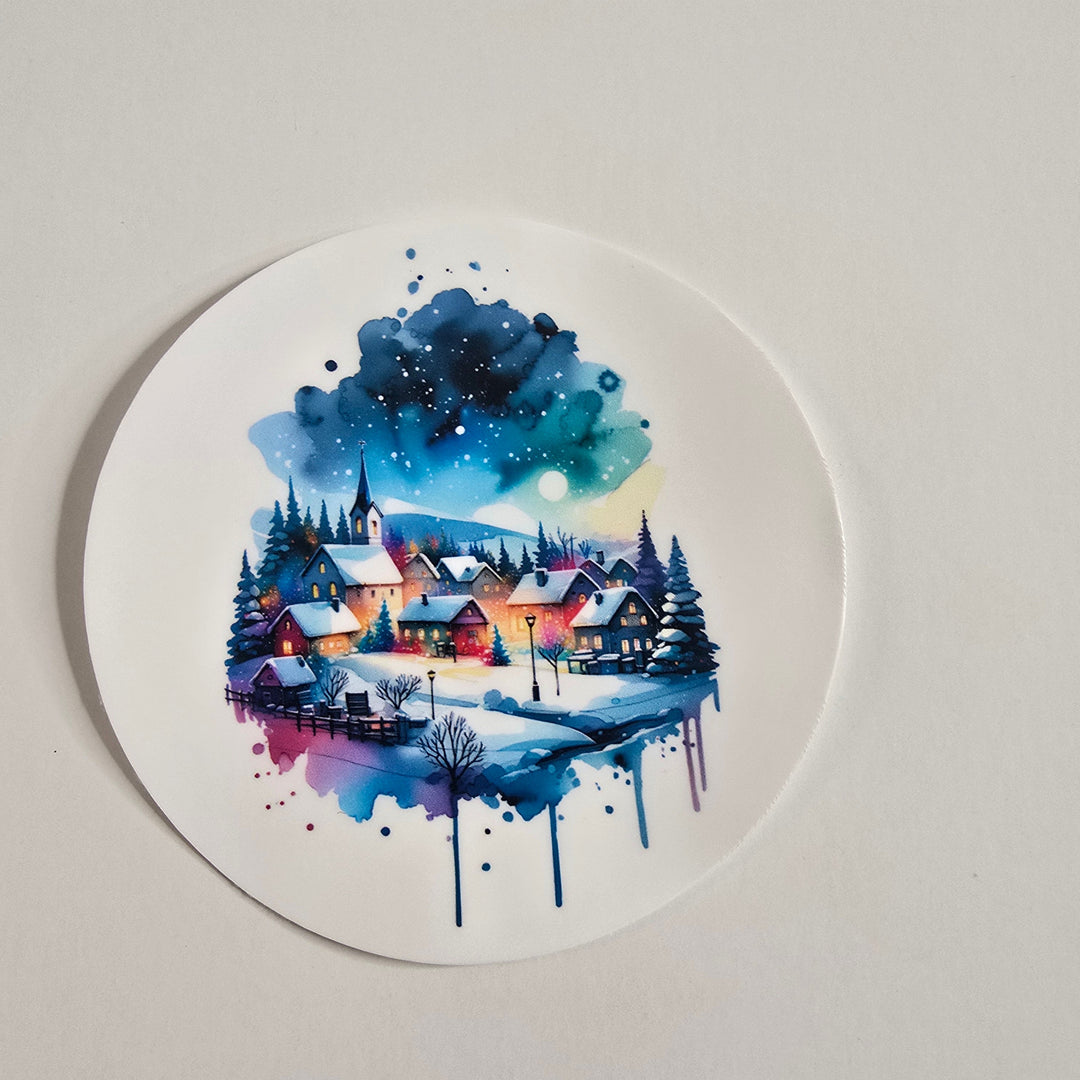Winter Village Watercolor Sticker – Cozy Snowy Landscape Holiday Vinyl (3”) - Designs by Mysh