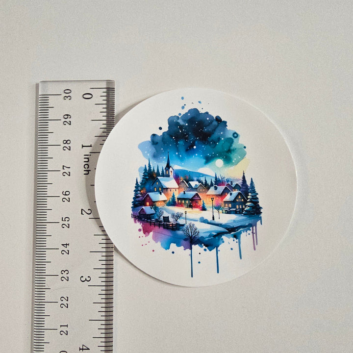 Winter Village Watercolor Sticker – Cozy Snowy Landscape Holiday Vinyl (3”) - Designs by Mysh