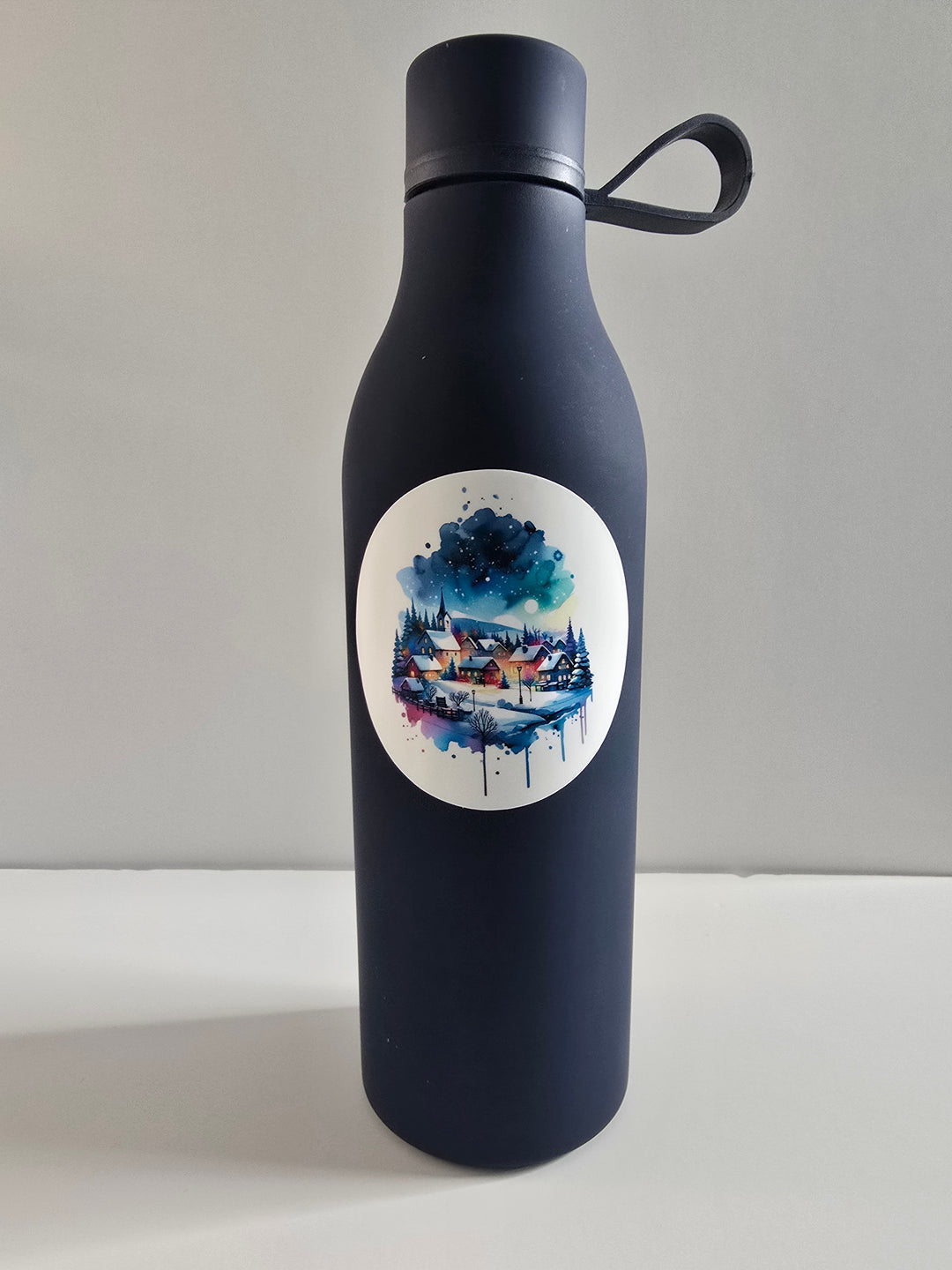 Winter Village Watercolor Sticker – Cozy Snowy Landscape Holiday Vinyl (3”) - Designs by Mysh