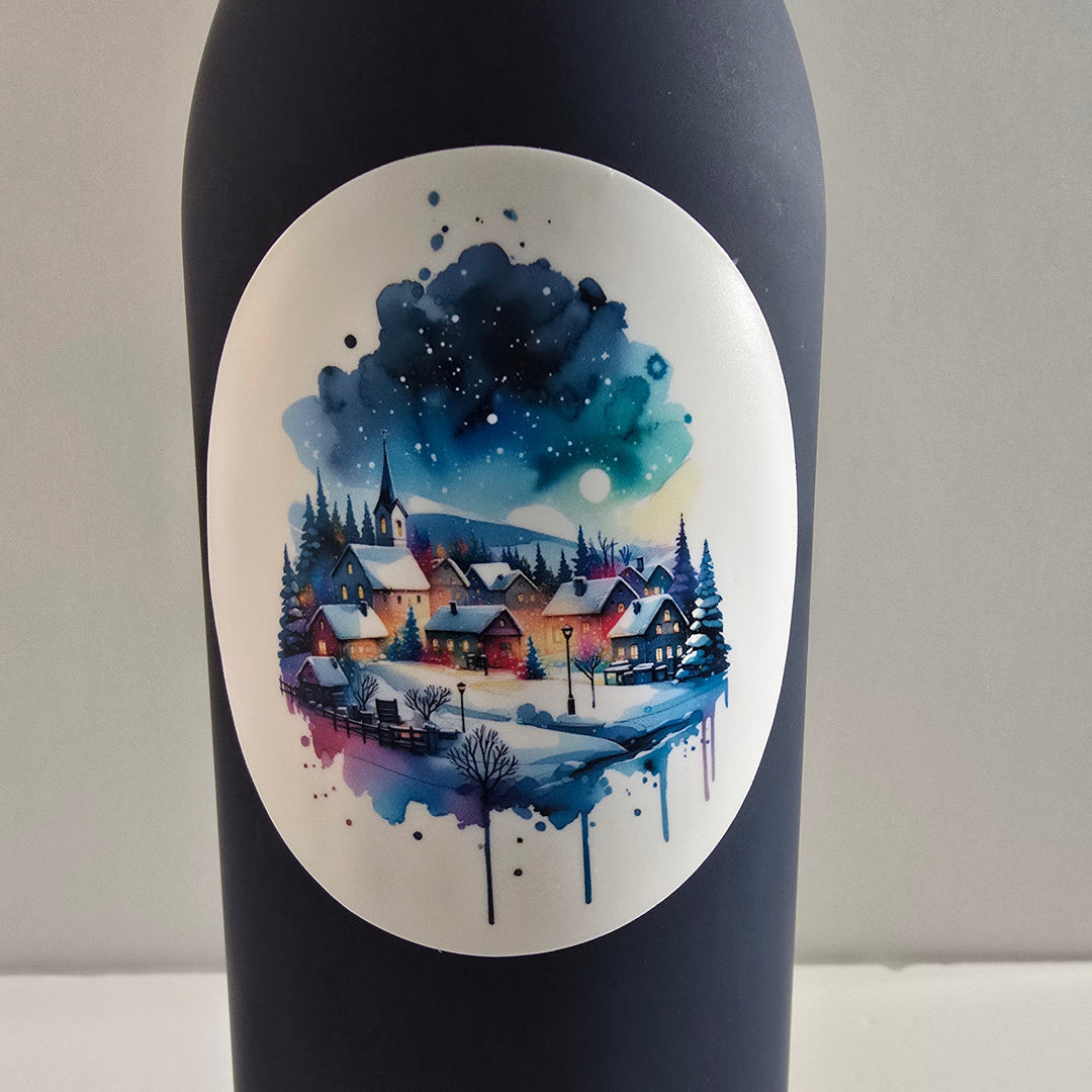 Winter Village Watercolor Sticker – Cozy Snowy Landscape Holiday Vinyl (3”) - Designs by Mysh